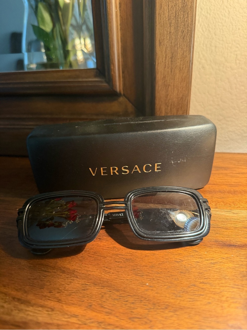Versace Black Rectangular Sunglasses with Gold Logo Detail